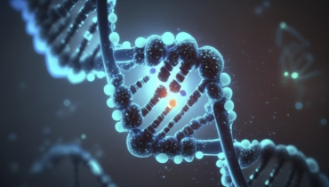 Sinise kromosoomi DNA ja järk-järgult helendav virvendav valgus, keemiline aine kaamera liikumisel lähivõttes. Meditsiiniline ja pärilikkuse geneetilise tervise kontseptsioon. Tehnoloogiateadus. 3D-renderdamine, tehisintellekti genereeritud