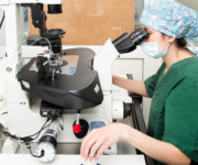 Embrüoloog istumas, mikroskoopi vaatamas, teostamas ebrüodiagnostikat Elite erakliinikus.
