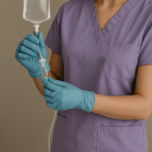 Arstiõde lavendellillas riietuses intralipiidi manustamas.